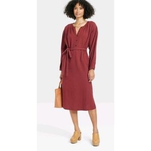 Women’s Rust Long-Sleeve Tie-Waist Midi Dress